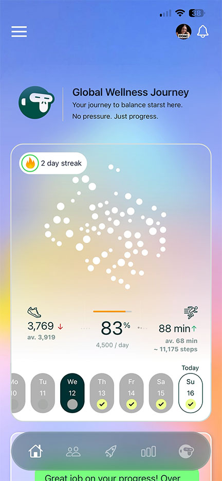 iPhone, five models, each model slightly overlapping the one next to it, far left screen shows a conversation with a background in Messages, second to the left screen shows Home Screen with colorful app icons, center model shows Lock Screen with photo, numerals for time in Liquid Glass, two notifications appear on bottom of screen, second to the right model shows clear Liquid Glass app icons, far right model shows music player in Liquid Glass