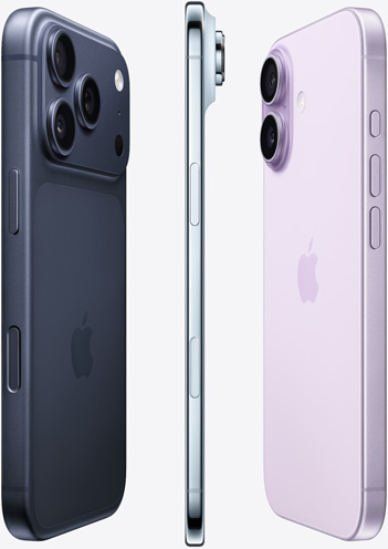 The camera-side of iPhone 17 Pro in Deep Blue, side profile of iPhone Air in Sky Blue, and back side of iPhone 17 in Lavender spread out in a fan pattern.