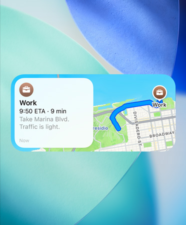 Maps widget showing new preferred routes trip planner, with traffic details, arrival time, and duration of trip